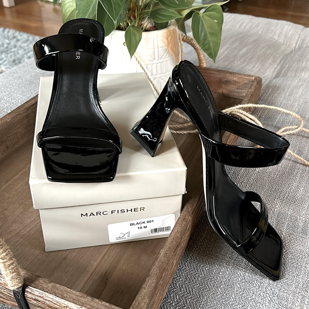 Marc Fisher Black Patent Leather Slide with heel.